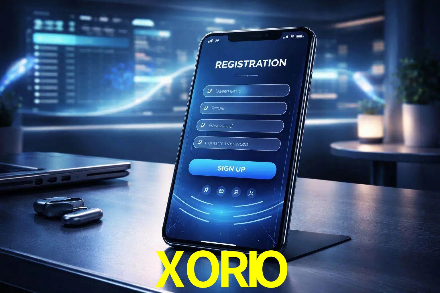 Una interfaz moderna de registro móvil para XORIO mostrada en un smartphone con un panel de apuestas elegante.